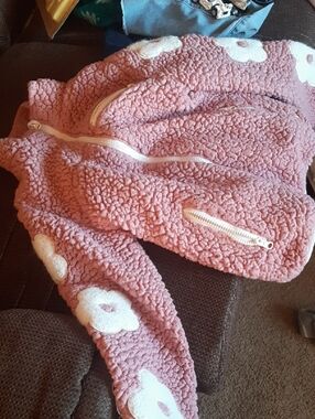 Girls' Pink Sherpa Jacket with Flower Patches